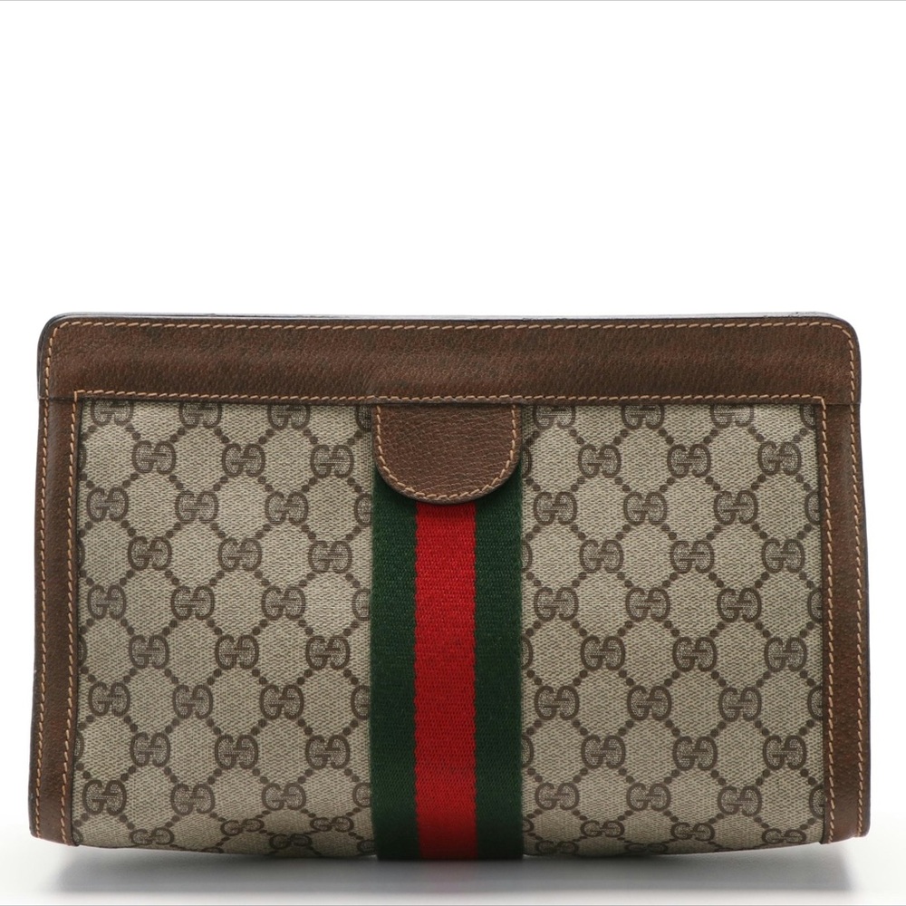 Gucci Web Sherry Line Clutch Bag in GG Coated Canvas and Leatherer